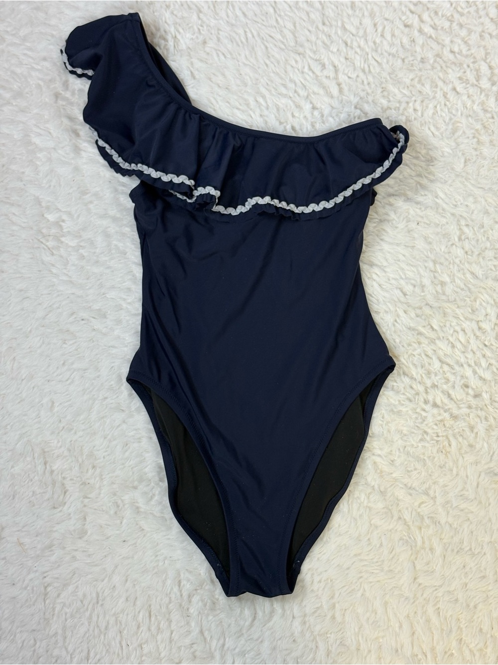 J. Crew Navy One-Shoulder Ruffle Women’s Swimsuit with White Trim